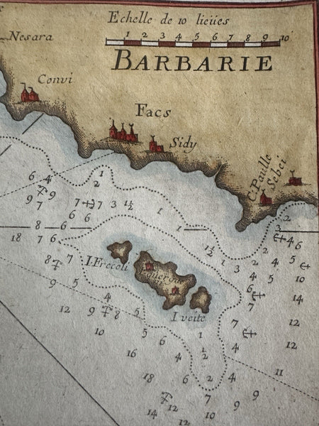 Tunisia Sfax Barbary coast North Africa 1764 Roux engraved colored coastal map