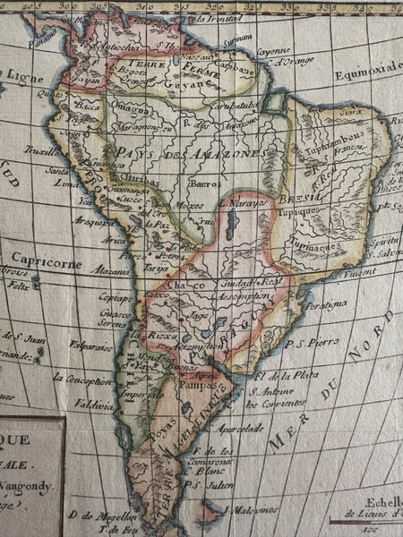 South America 1750 Vaugondy engraved hand colored miniature map
