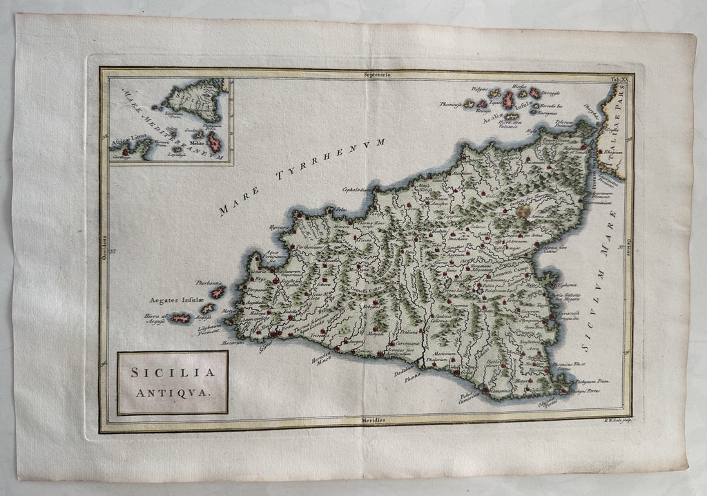 Sicilia Sicily island by itself Italy Italia 1747 Cellarius hand colored map