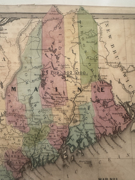 Maine NH VT New England 1843 antique hand colored map