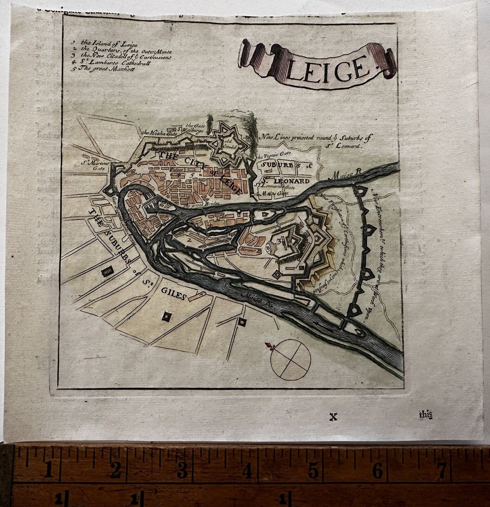 Belgium Leige fortified city plan c.1720’s engraved original antique map