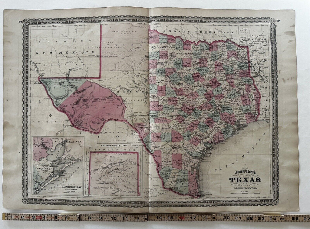 Texas state by itself 1870 uncommon variant Johnson large folio hand colored map