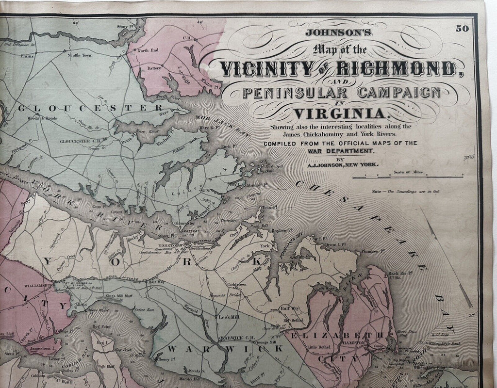 Richmond Virginia Civil War Peninsular Campaign 1870 Johnson large map