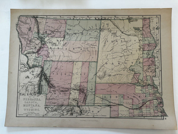 Territorial Montana Wyoming Dakota Nebraska 1873 JD Williams fine hand color map