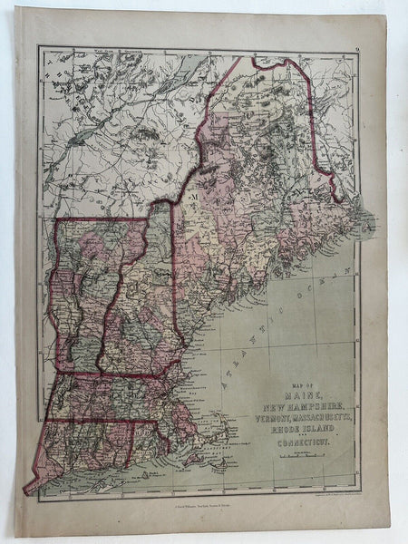 New England NH VT Maine MA 1873 JD Williams large hand colored early state map