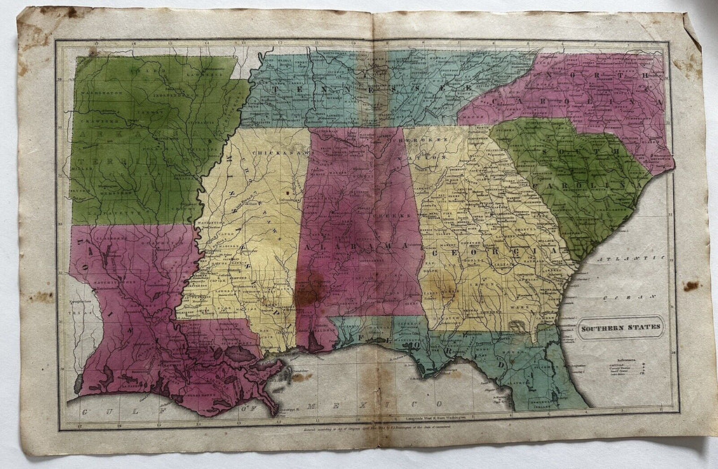 Southern states LA AR AL GA MS SC NC  1830-2 Boynton large old hand colored map