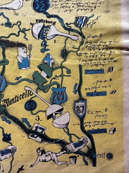 Woodstock NY Music Festival Summer love 1969 cartoon map fun color Newspaper map