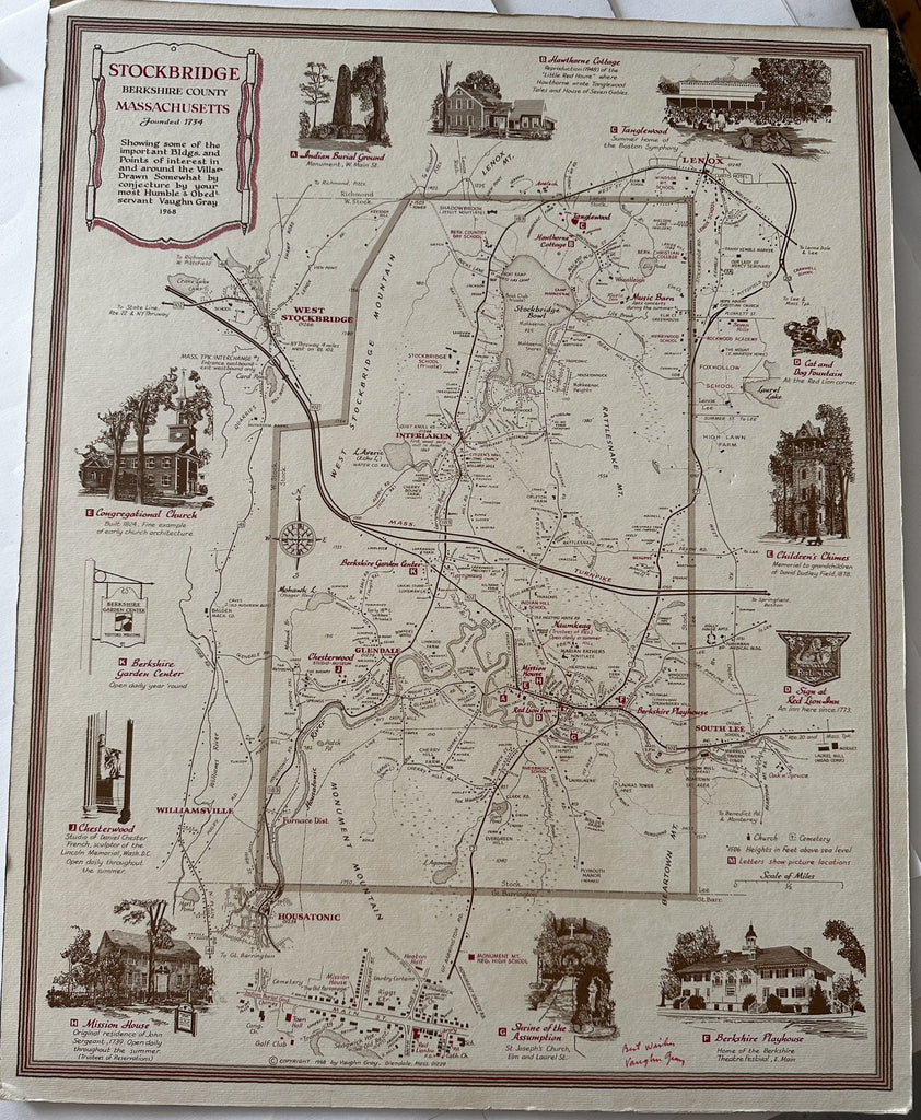 Stockbridge Massachusetts Berkshire County 1968 cartoon pictorial map signed