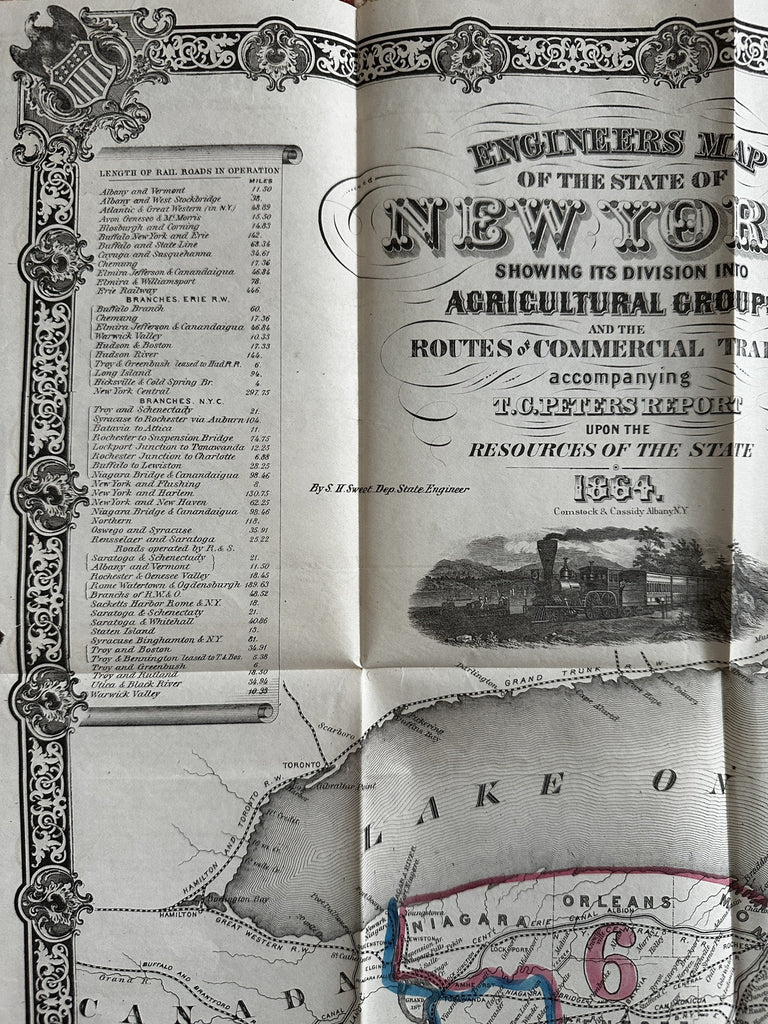 Engineer’s New York state map  1884 rare pictorial RR train Agriculture Commerce