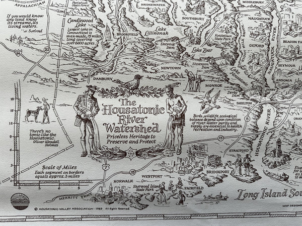 Housatonic River Watershed cartoon map 1985 Wm. Braun art Connecticut MA NY