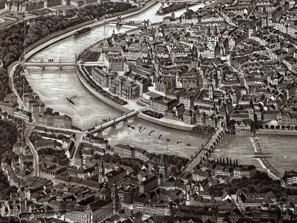 Prague Praha Fair city birds-eye print 1925 balloon city view large rare map