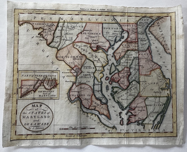 Maryland Delaware 1796 Dennison & Amos Doolittle rare American hand colored map