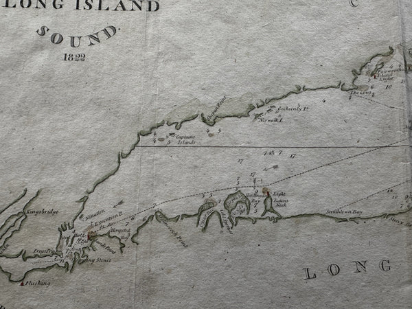 Chart of Long Island Sound 1822 NY Connecticut coasts Blunt engraved antique map