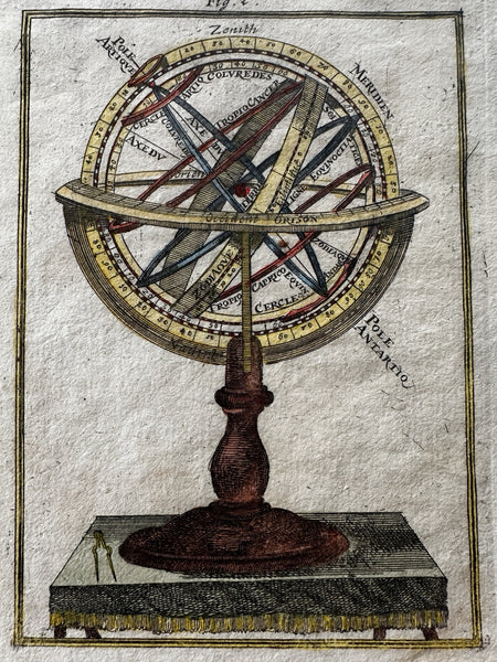 Armillary sphere 1719 planetary celestial antique hand colored miniature print