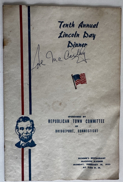Senator Joe McCarthy 1955 signed Republican Lincoln Day brochure Bridgeport CT