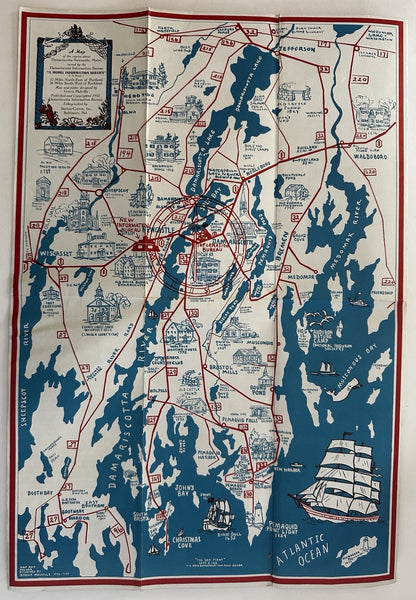 Damariscotta Maine coast cartoon map 1950 Melville large color w/ biz directory