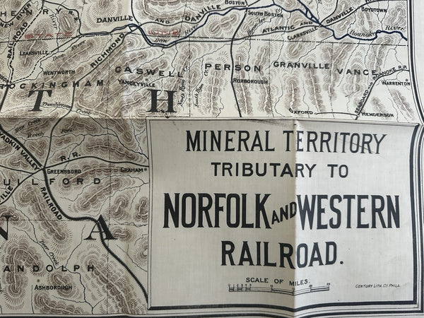 Geology Mineral Territory linen map c.1880’s Norfolk Western RR Virginia KY TN