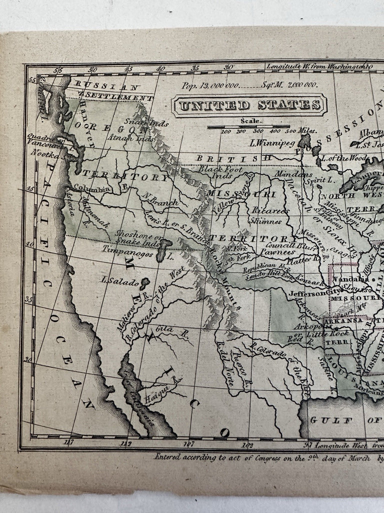 Oregon & Missouri Territory U.S.A. 1837 Boynton engraved map orig. hand color
