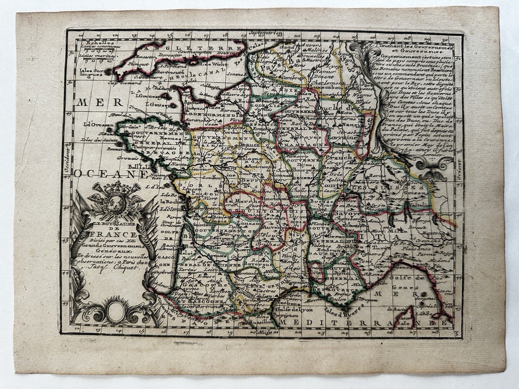 France nation decorative 1719 Chiquet attractive engraved hand color antique map