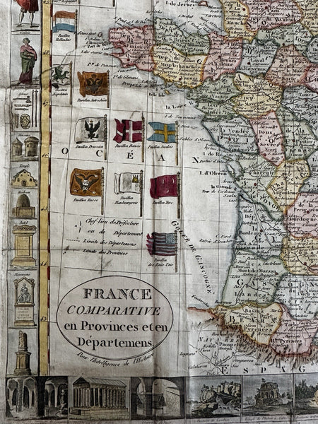 France 1828 decorative antique Flags map w/ 23 key views attractive hand color!
