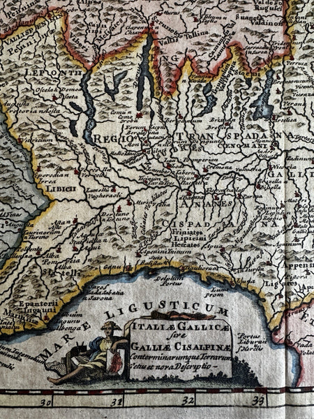 North Italy Alpines 1711 vignette title attractive hand color antique early map