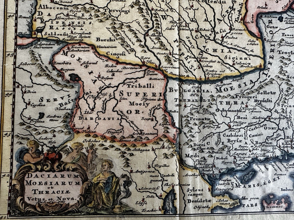 Dacia Moesia Thrace 1711 cherub vignette attractive hand color antique map