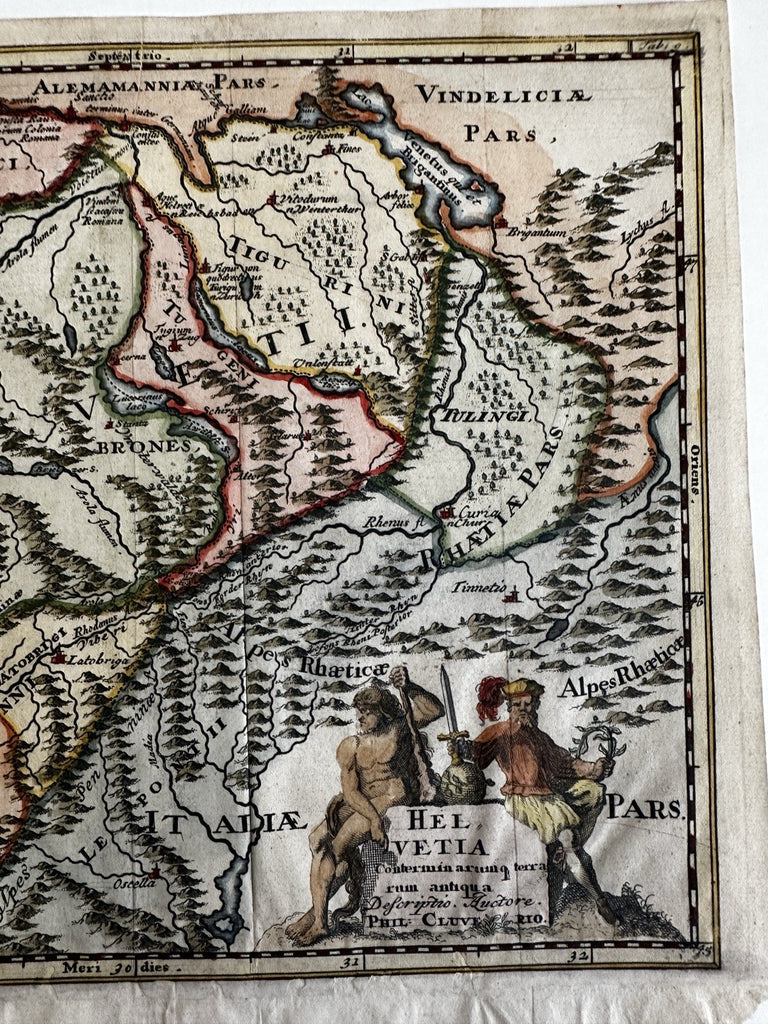 Switzerland ancient Helvetia c. 1697 decorative map hand colored vignette title
