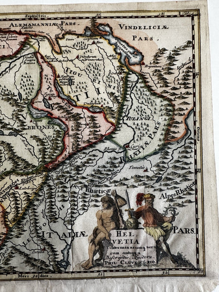 Switzerland ancient Helvetia c. 1697 decorative map hand colored vignette title