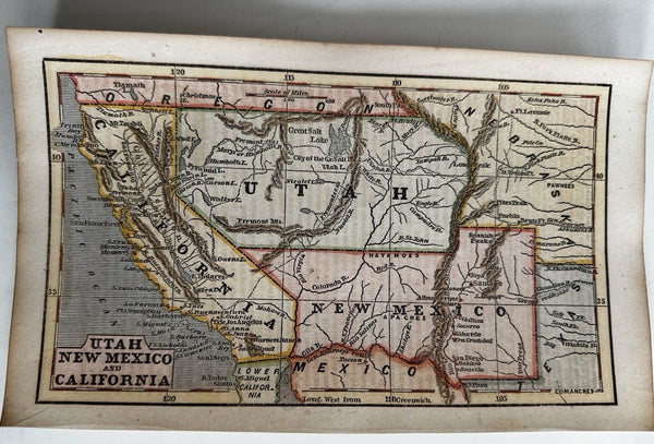 Territorial Western states USA Utah CA NM 1853 Ensign miniature hand color map