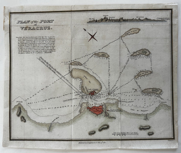Vera Cruz Mexico 1810 Port plan with prospect view nautical depths map Longman
