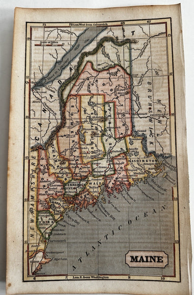 Maine state 1853 Ensign miniature beautiful hand colored map nice patina gift