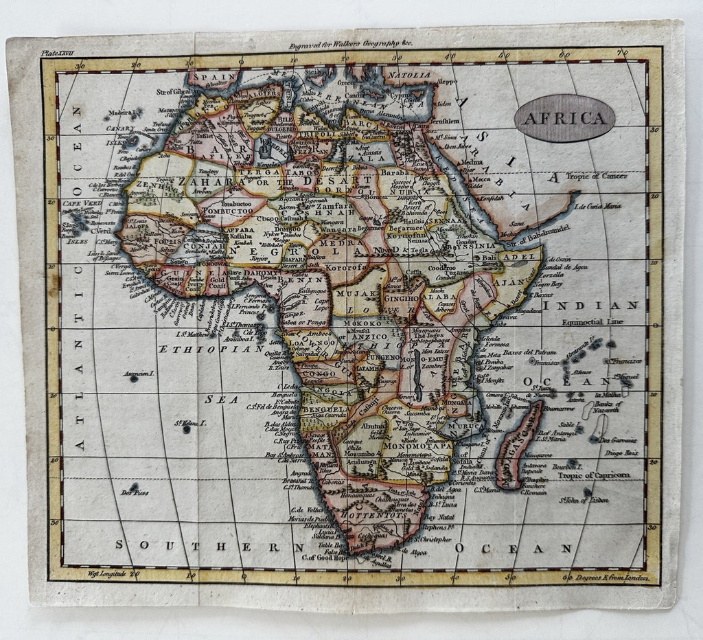 African continent 1780-1800 engraved hand colored map names man-eaters cannibals
