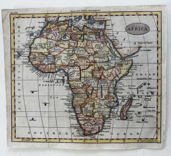African continent 1780-1800 engraved hand colored map names man-eaters cannibals