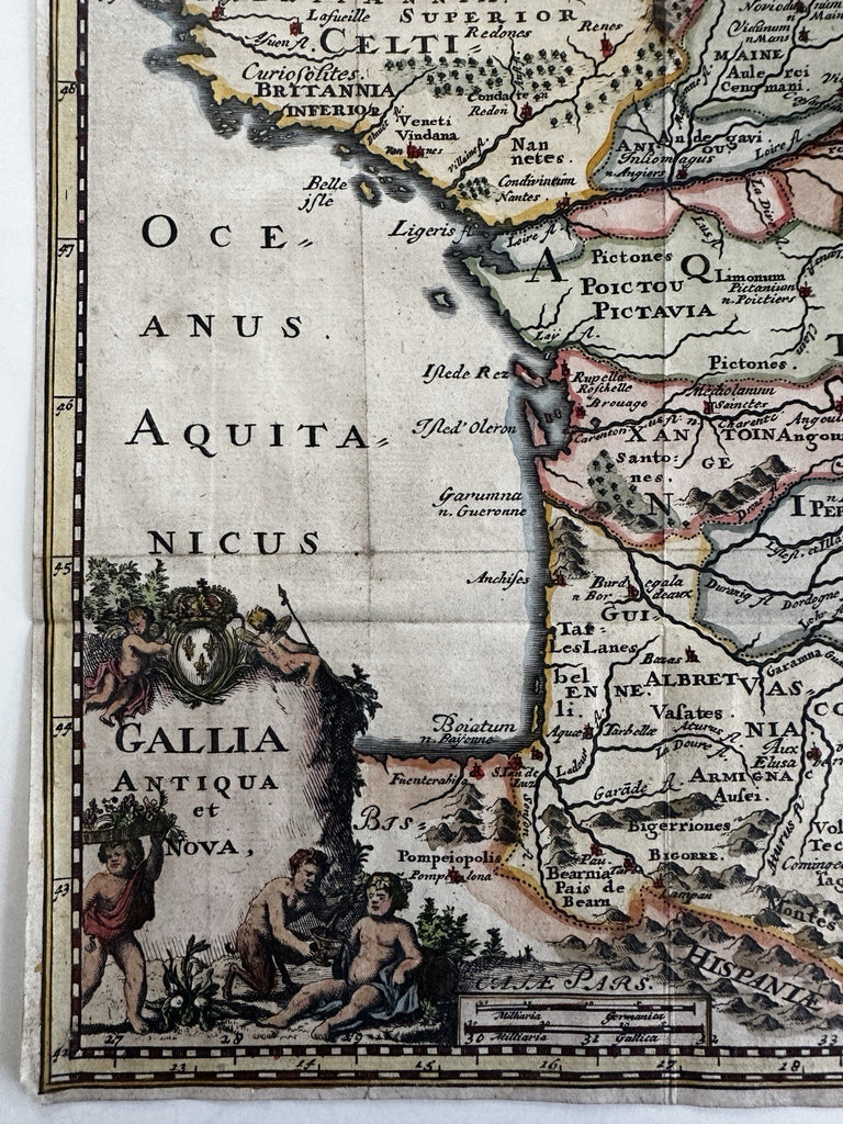 France Gallia antiqua & Nova c.1690’s decorative engraved cherubs map hand color