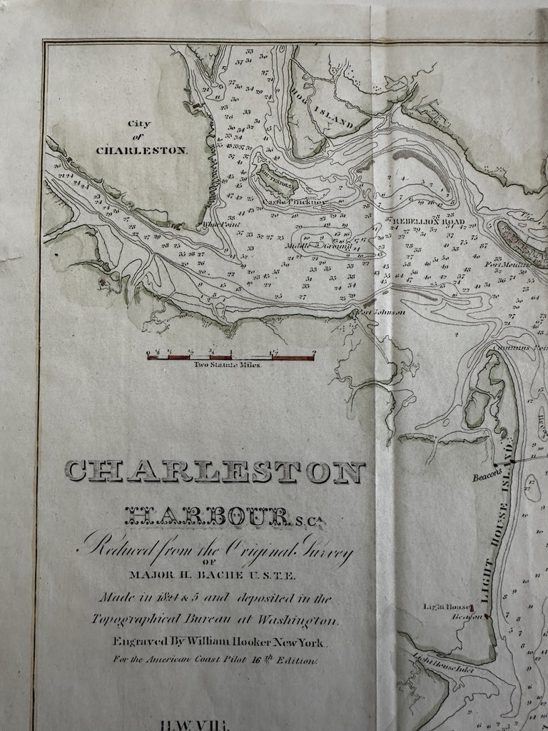 Charleston Harbor South Carolina 1850 Blunt engraved hand colored antique map