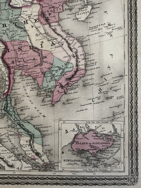 India Hindoostan Siam SE Asia Burma Anam 1870 Johnson large hand colored map