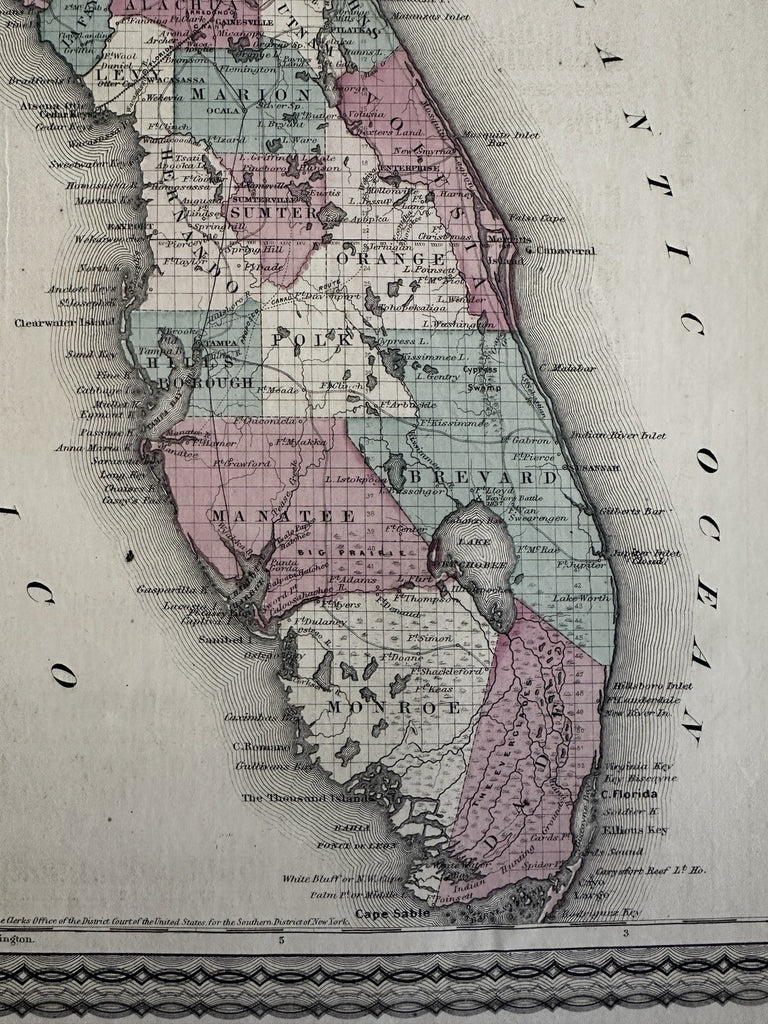 Florida great early state map 1870 Johnson large hand colored map w/Keys inset