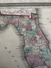 Florida great early state map 1870 Johnson large hand colored map w/Keys inset