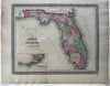 Florida great early state map 1870 Johnson large hand colored map w/Keys inset