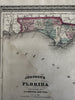 Florida great early state map 1870 Johnson large hand colored map w/Keys inset