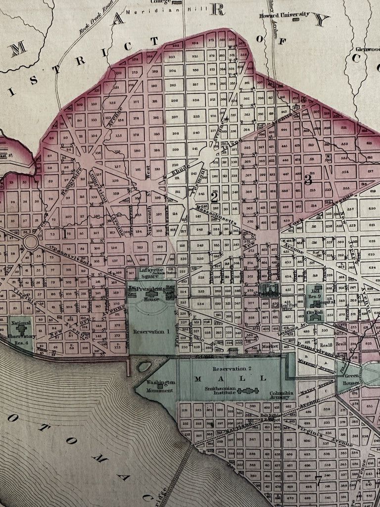 Washington D.C. city plan 1863-1870 Johnson large hand colored map