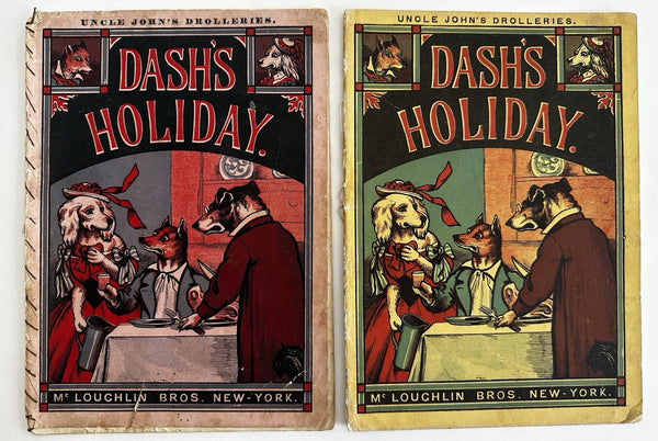 Dog story Dash’s Holiday variants 1860’s McLoughlin color chromo 2 books juv.