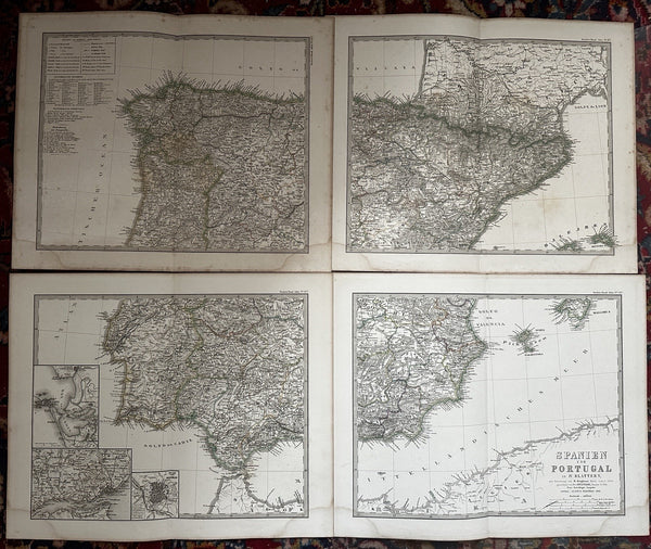 Spain in four sheets huge 1861 detailed Stulpnagel engraved color Stieler map