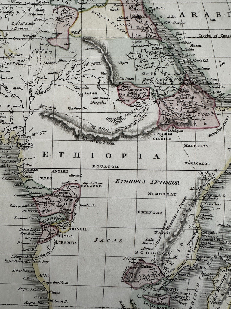 Africa continent huge Mts of Moon 1820 C. Smith scarce lovely hand colored map
