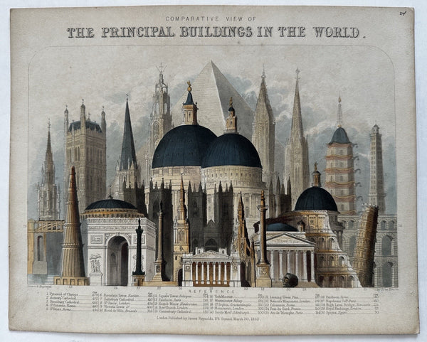 World Principal buildings comparison chart 1850 Reynolds hand colored rare print