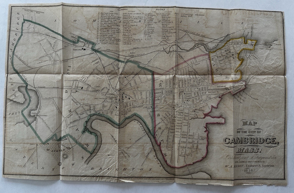 Cambridge Massachusetts city plan 1851 map W. A.Mason surveyor & Pelton engraver