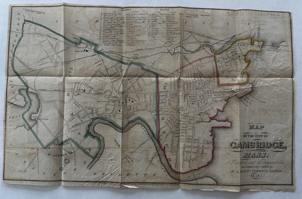 Cambridge Massachusetts city plan 1851 map W. A.Mason surveyor & Pelton engraver