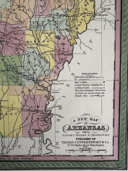 Arkansas state w/ canals early roads 1850-5 Cowperthwait beautiful old color map