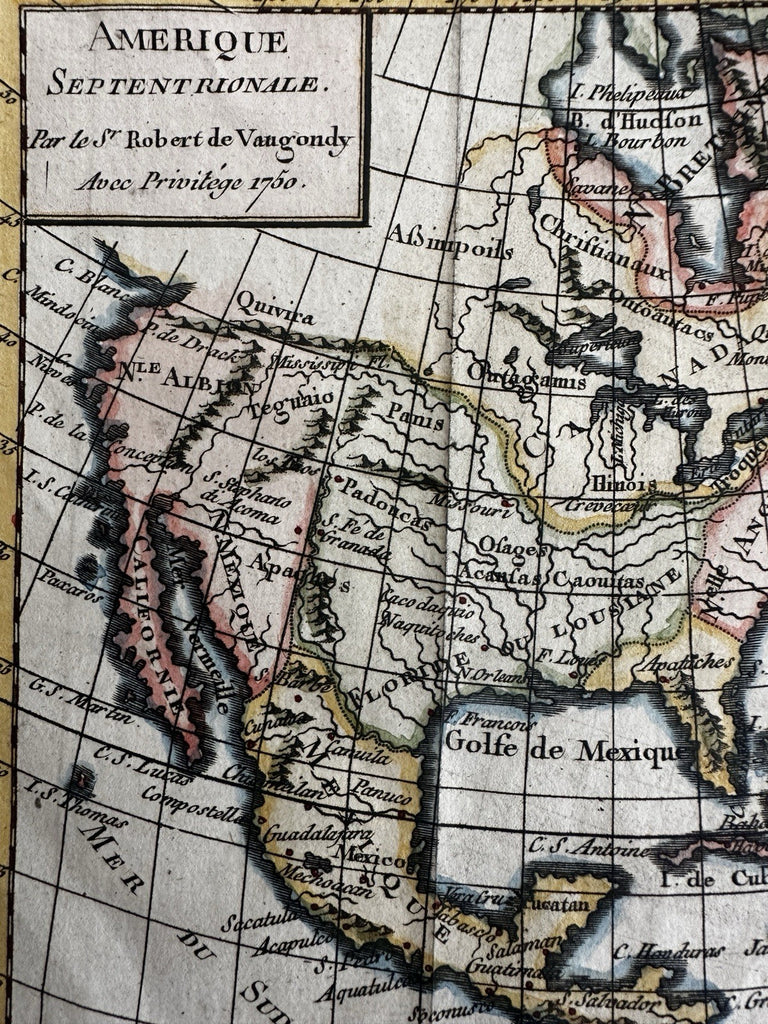 North America Quivira apocryphal interior 1750 Vaugondy hand color miniature map