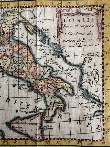 Italy Italia Italie 1714 scarce engraved hand colored miniature map